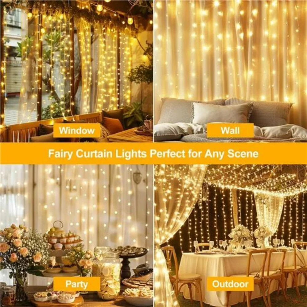 300 LED Curtain Fairy String Lights Warm White USB Remote Indoor Outdoor Decor